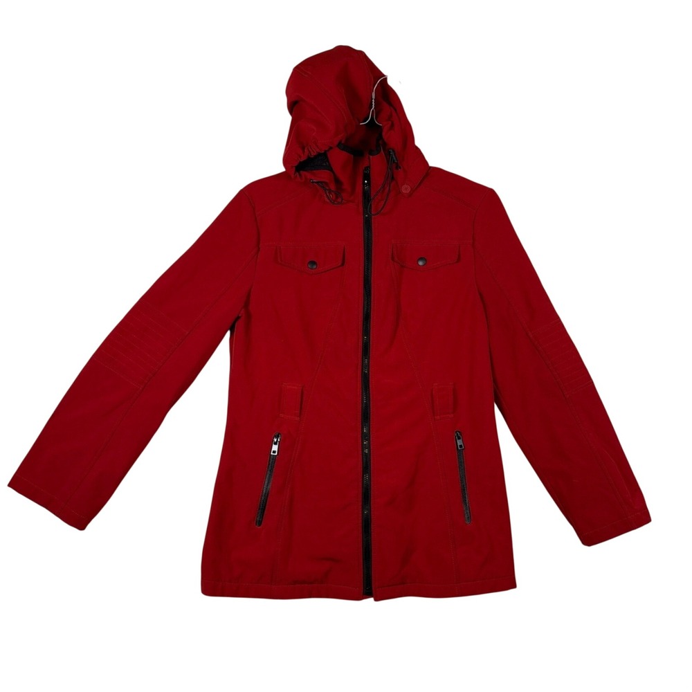 London Fog Red Softshell Hooded Jacket Womens Medium Moto Stitch Zip Up Coat